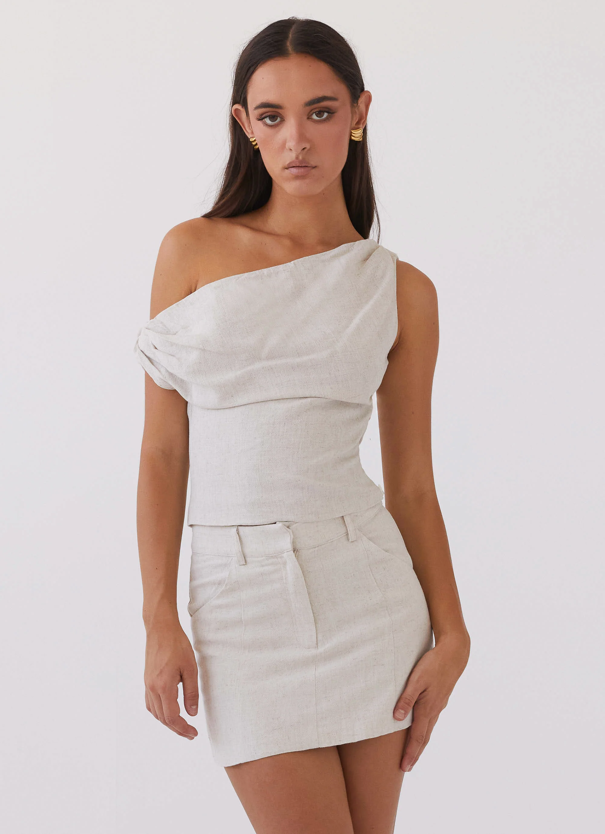 Marissa Linen One Shoulder Top - Oatmeal - Image 5